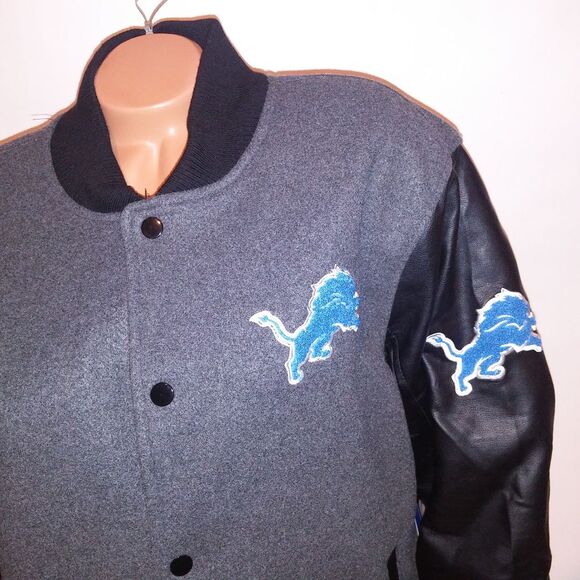 Detroit Lions Bomber Jacket Mens Black Gray Blue Logo Varsity Jacket NFL - Picture 6 of 13